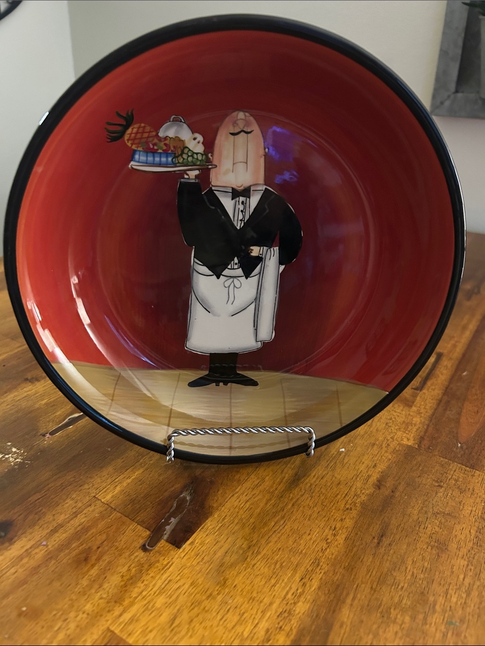 Certified Int'l "Dinner is Served" Red/Black Rim Ceramic 9" Pasta/Soup  Bowl